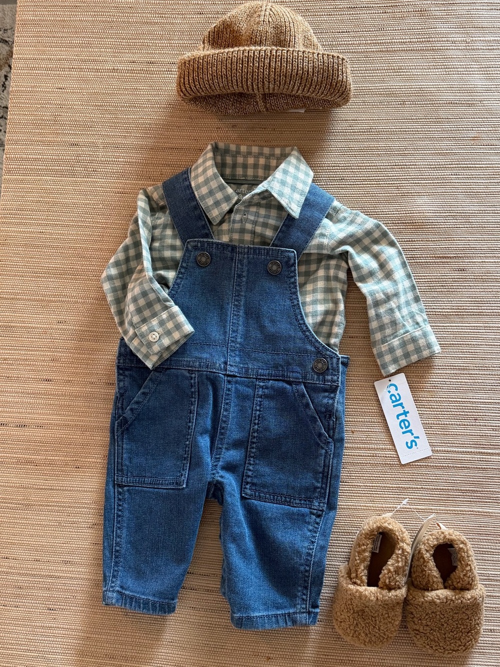 Carter's Denim Overalls with Sage Green Gingham Shirt